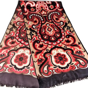 Vintage Scarf with Paisley Floral Print, Red Brown Neckerchief