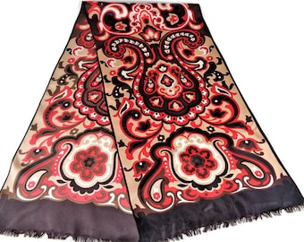 Vintage Scarf with Paisley Floral Print, Red Brown Neckerchief