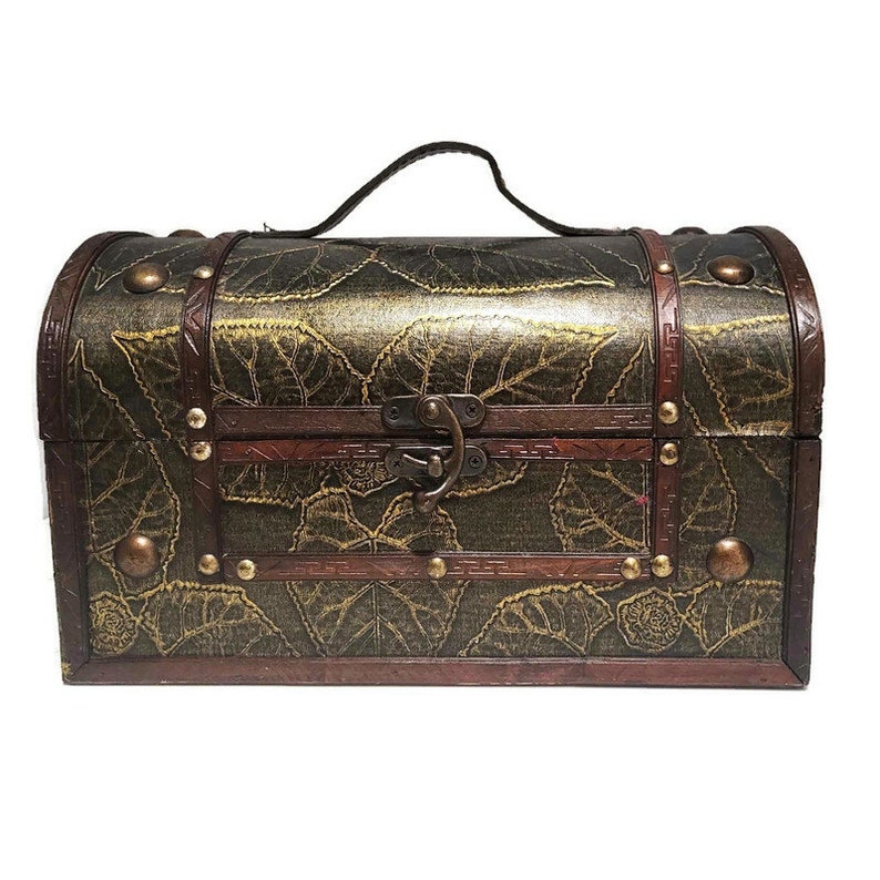 Hölzerne Schatzkiste, Leder eingewickelt, große Schmuckbox mit Klappdeckel, rustikale Holzkiste, Andenken Vintage Aufbewahrungsbox, Steampunk Bild 9