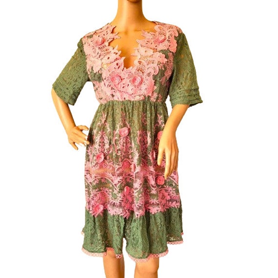Vintage Italian Lace Dress, Pink Green with Roses… - image 9
