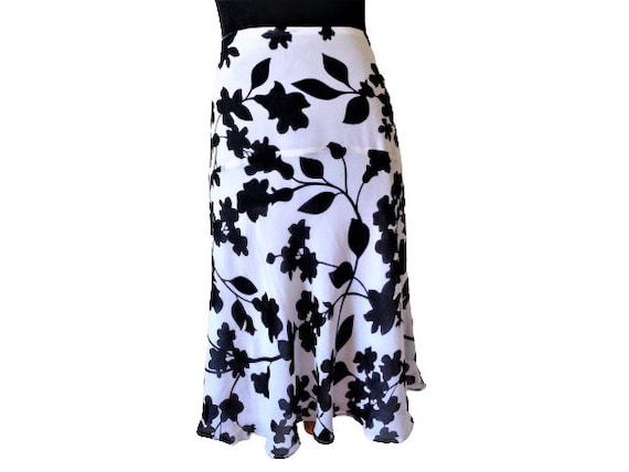 ESCADA Silk Skirt, Black White Floral Print, Bias… - image 6