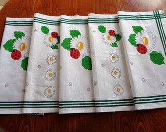 Vintage Cotton Napkins Ladybugs Clover Print Set of 5 Colorful German Table Linens