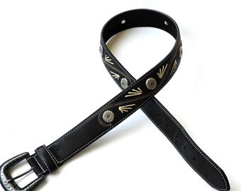 Vintage Kudos Black Genuine Leather Belt Native Design Western Cowboy Style Silver Concho Metal Accents Embossed Buckle Unisex for Men Women