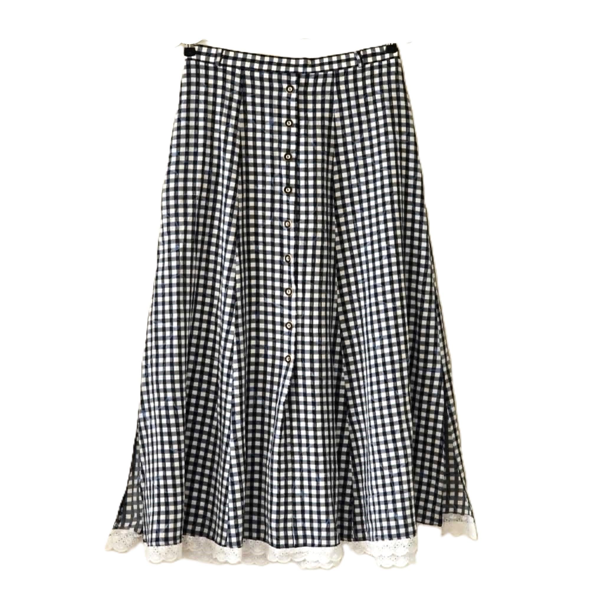Vintage Navy Gingham Midi Skirt, Folk Trachten Style, Crinkle, Lace Trim Button Front XL