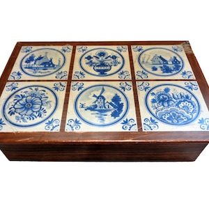 Vintage Blue White Delft Tin Box, Dutch Windmill Cookie Biscuit Tin Jar