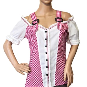 Vintage Laura Torelli German Dirndl Women Blouse, Plaid Checked Pattern Red White Top Puff Sleeves Metal Buckle Details Folk Trachten Outfit