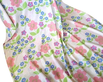 Vintage Double Twin Fitted Bed Sheet Floral Cotton Blend Pink Blue Green Flowers Bedsheet Retro 1960s Bedding Fabric Sewing Craft Supplies