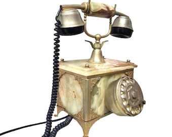 Vintage Onyx Rotary Telephone, Dial Phone Gold Plated Green Marble