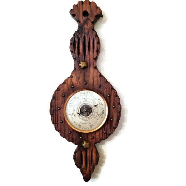 French Wooden Barometer Wall Hanging Antique Black Forest Carved Wood Vintage Decorative Weather Forecasting Instrument