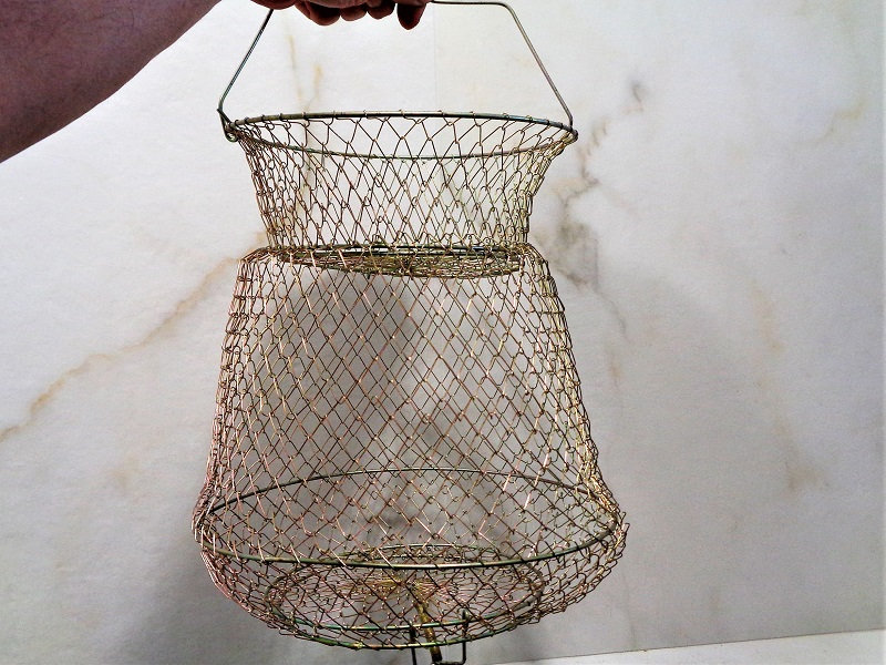 Vintage Fishing Basket, Collapsible Brass Wire Basket, Metal Mesh