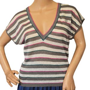 Ungaro Paris Vintage 80s Striped Knit Blouse French Designer Top with V-Front Short Sleeves Grey White Pink Green Size S/M Women Knitwear