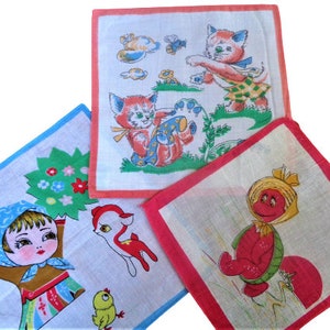 Lote de 3 pañuelos infantiles vintage de los años 60, con estampado de dibujos animados, de algodón, sin usar.