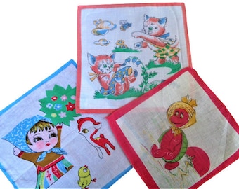 Vintage 60s Children&#39;s Handkerchiefs Lot of 3, Kids Handkerchiefs, Cartoon Printed Hanky, Child&#39;s Cotton Hankies, Gift, UNUSED