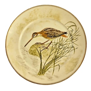 Krautheim Selb Antique Bavarian Porcelain Plate with Heron Bird on Lake with Canes and Grass Bavaria Germany 19th century Fine Art Ceramics