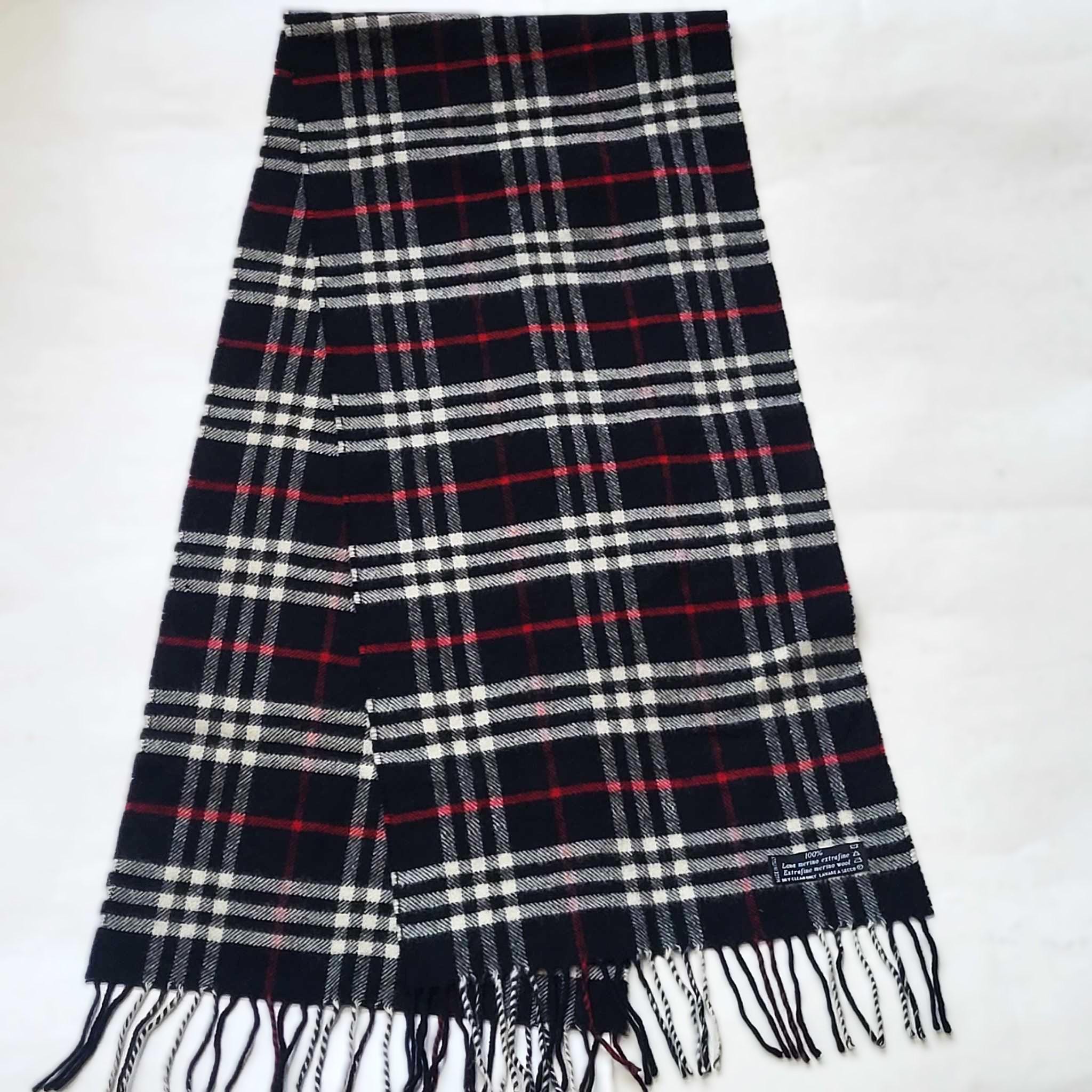 Long Fringed Winter Scarf Extrafine Merino Wool Black White Red Check Striped Pattern Vintage Soft Warm Lightweight Shawl Unisex Made Italy