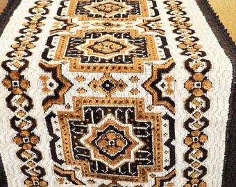 Vintage Velvet Table Runner, Plush Dresser Scarf, Brown Gold Medallion Boho Topper