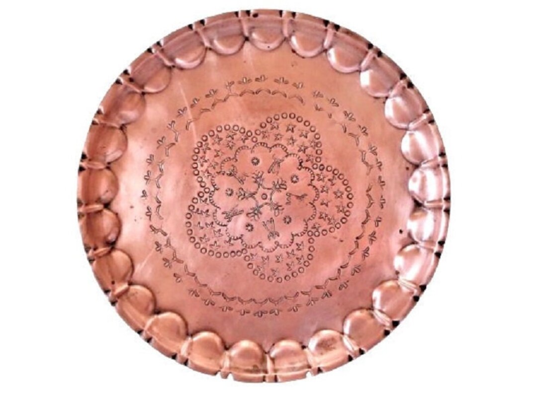 Vintage Copper Tray, Large Serving Tray, Scalloped Edge, Antique Copper