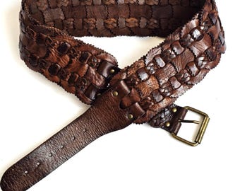 Avant Garde Braided Leather statement Belt Women Black Brown Croc edgy vintage Vintage Woven Braided Leather Belt~ Embossed Croc Look~ Boho  main image 3