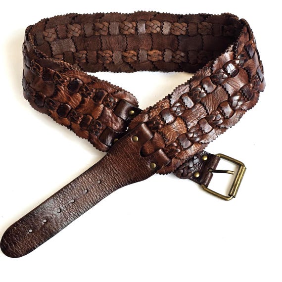 Vintage Braided Leather Belt in Rustic Brown, Wide Waist  display picture 1