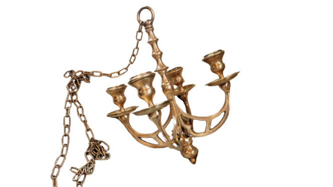 Vintage Hanging Candle Holder Chandelier Solid Brass 4 Arm With Ceiling