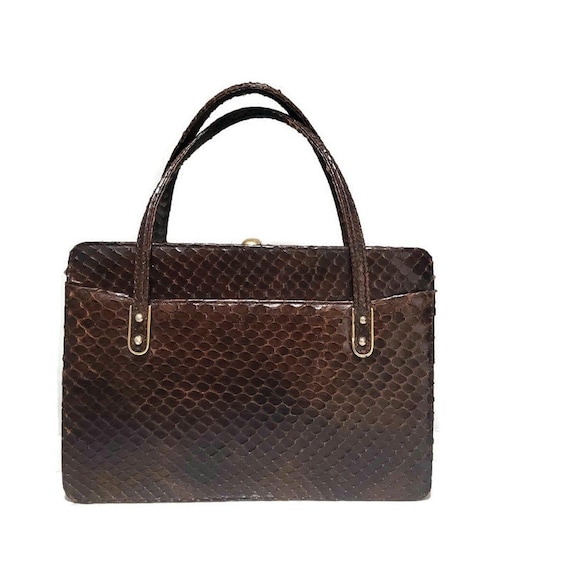 Brown Snakeskin Leather Bag Golden Frame Exotic H… - image 2