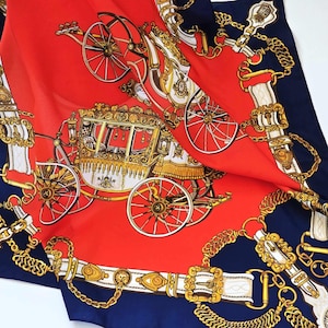 Red Blue Gold Scarf, Carriage Print Square Scarf, Baroque Head Scarf, Victorian Design, Vintage French Scarf
