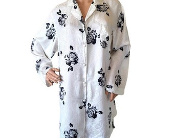 Women Nightdress Jacquard Silk Pajama Top Black White Roses Long Sleeves Loose DESIRE Sleeping Shirt Home Wear Clothes Vintage