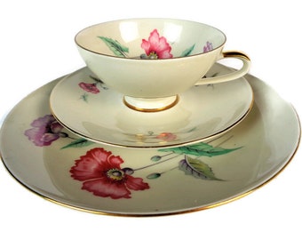 China Trio Tea Cup, Mitterteich Bavaria Germany, Teacup, Saucer, Dessert Plate, Poppies Design, Gold Trim