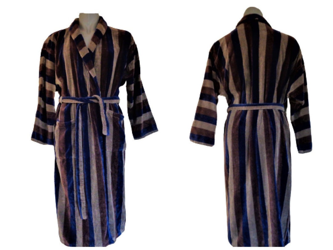 Vintage Men Terry Bathrobe, Brown Striped Terrycloth Robe, Velour House Robe, Dressing Gown