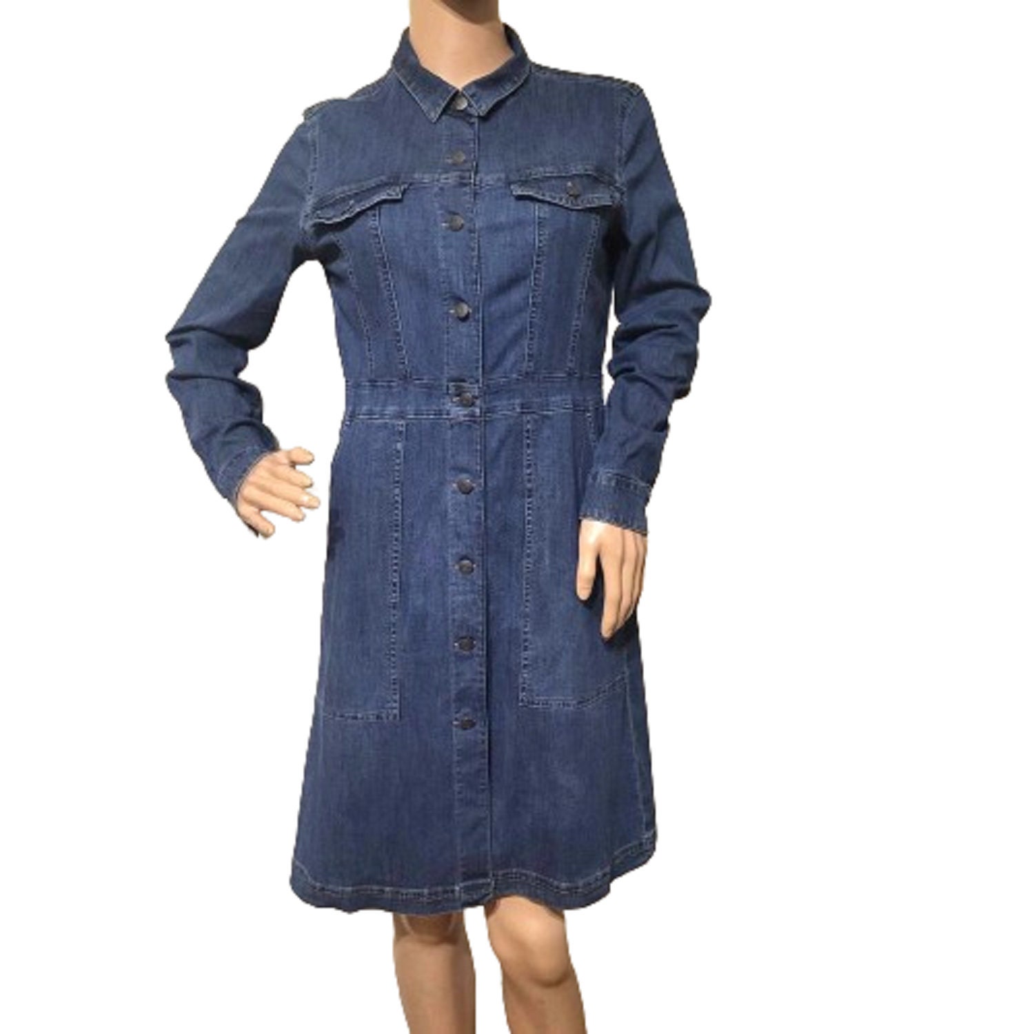 Vintage jaren 1990 blauwe denim jurk ESPRIT knoop voorkant trenchcoat alledaagse jeans shirtdress met zakken en lange mouwen maat M Etsy Nederland