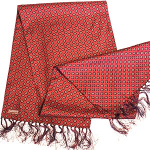 Vintage SAMMY Men Silk Scarf with Fringes Long Red Burgundy Medallion Print Gentleman Accessory