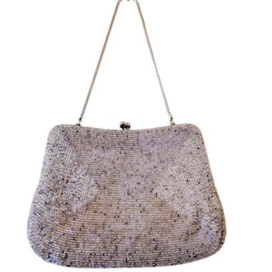 Evening Purse, Vintage Beaded Handbag, Silver Chain Purse with Beads, Kiss Lock Bag