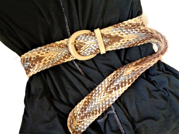 Vintage Braided Leather Belt, Wide Waist Belt, Go… - image 1