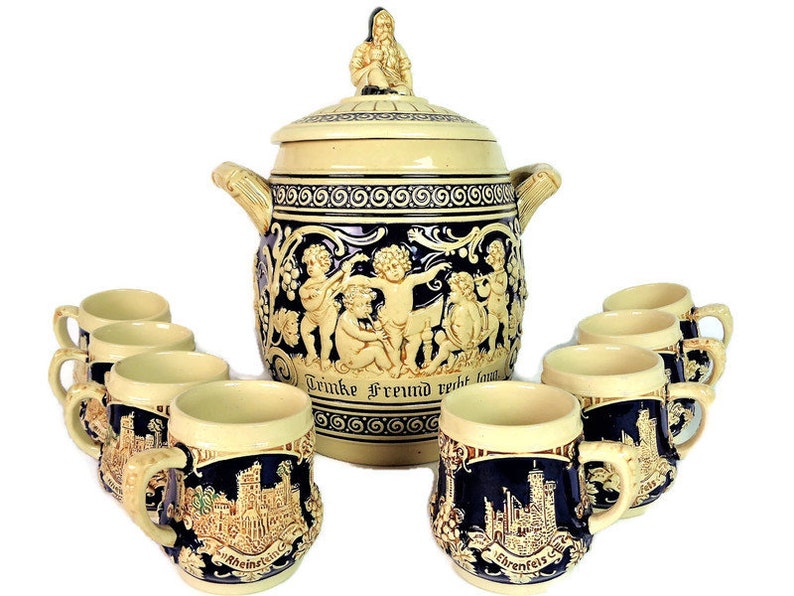 German Punch Bowl Set with 8 Cups Blue Salt Glazed Stoneware Etsy