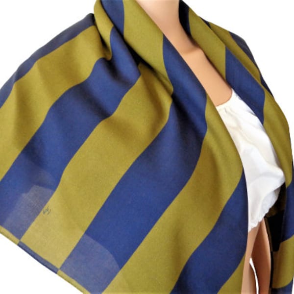 Vintage Silk Scarf with Stripes, FAY Italy, Mustard Blue Striped Headscarf, Square Women's Scarves, Italian Designer