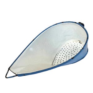 Vintage Enamel Kitchen Strainer Pan Blue White Perforated Slipper Colander Bowl with Drain Holes for Rinsing Rice Vegetables Berries 1930s