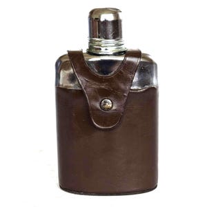 Vintage Glass Hip Flask with Brown Leather Case Signed Lord Taylor Calf Liquor Flask with Shot Metal Cap for Whiskey Brandy Gifting Travel