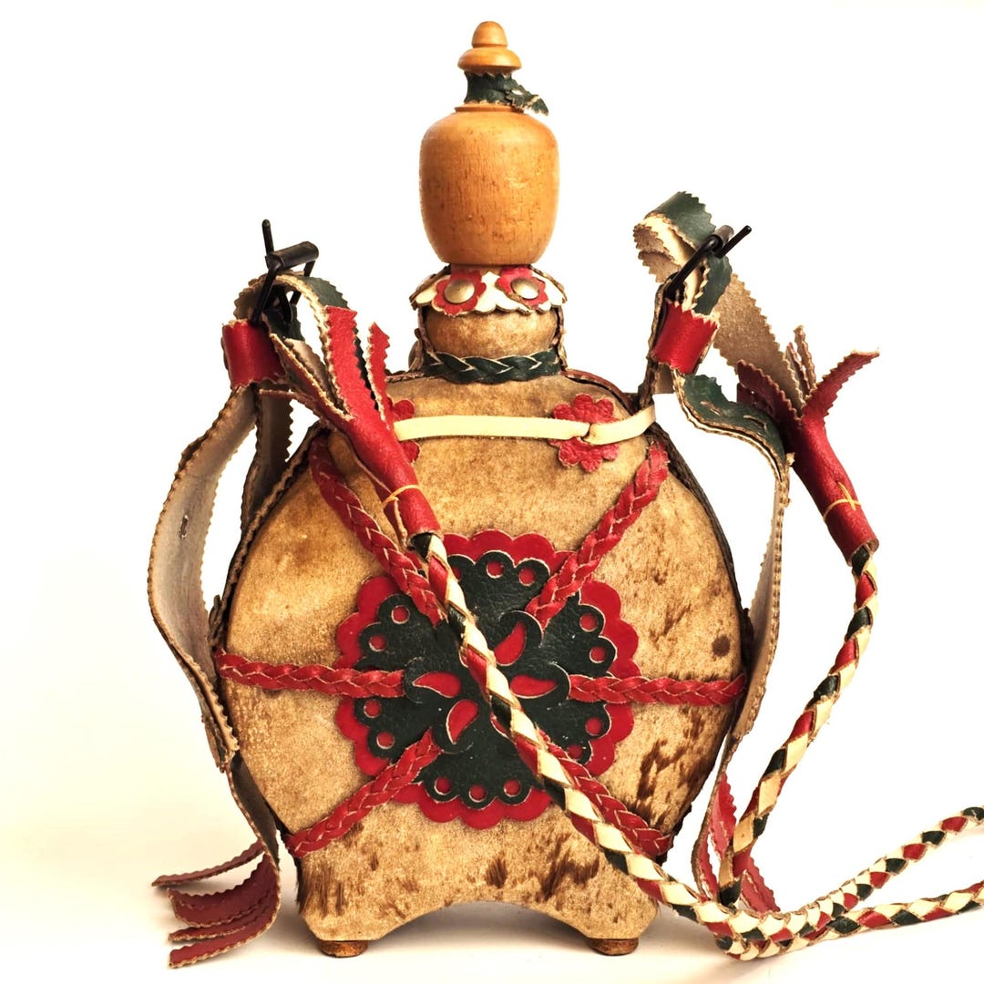 Grande Gourde Vintage En Cuir - Hongroise - Fait Main, Style Folklorique, Crin De Cheval