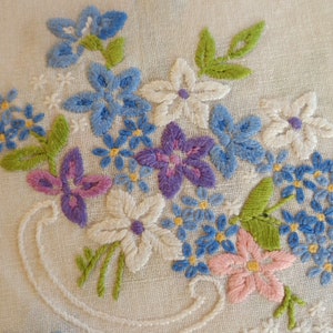 Vintage White Linen and Cotton Tablecloth Tray Cloth with Colorful Flowers Embroidery Hand Embroidered Table Cloth Floral Centerpiece