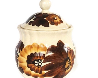 Bol à sucre en céramique polonaise vintage, peinture à la main, fleurs, pot d'assaisonnement avec couvercle, motif floral peint à la main, plat de service blanc marron