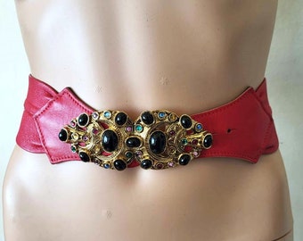 Red Leather Belt with Removable Buckle with Rhinestones, High Wide Waist Women Belt Vintage 1990s