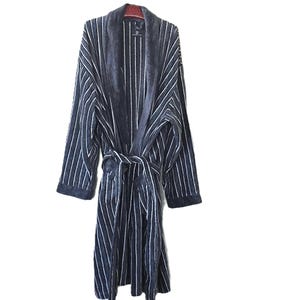 May include: A dark grey and white striped robe with a shawl collar and a tie belt.