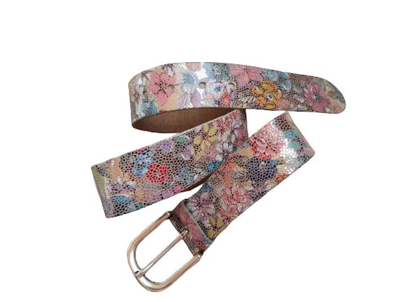 Vanzetti Women Leather Belt, Multicolor Floral Print Silver Pin