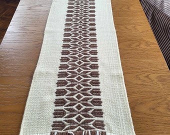 Scandinavian Woven Wool Table Runner, Cream off White Brown Table Topper, Swedish Vintage Table Linens Farmhouse Bohemian House Decor