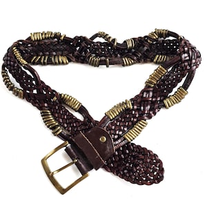 Brauner geflochtener Gürtel, Leatner Messingschnalle Gürtel, Merete Fonnesberg, Breiter Taille Hüftgürtel, Vintage Woven Leder Frauen Gürtel, Made in Italy