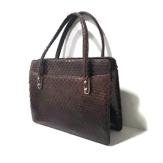 Brown Snakeskin Leather Bag Golden Frame Exotic H… - image 1