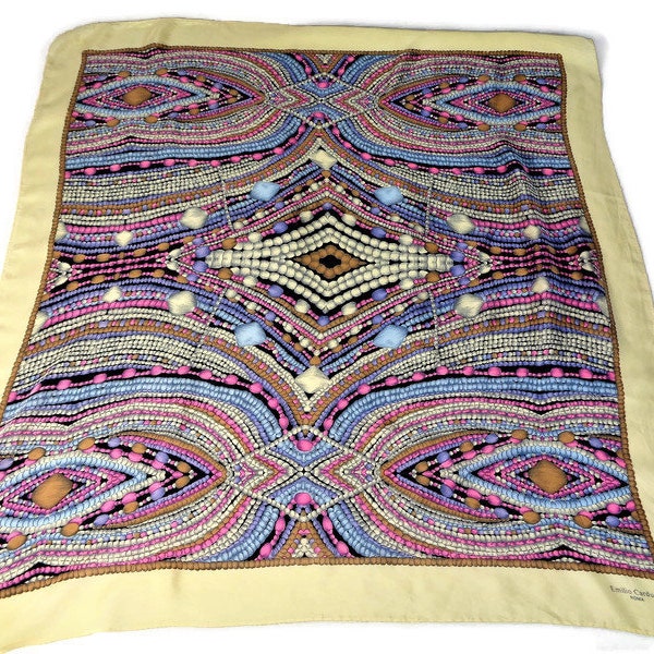 Emilio CARDUCCI Large Silk Scarf, Blue Yellow Pink Head Scarf, Square Neck Scarf