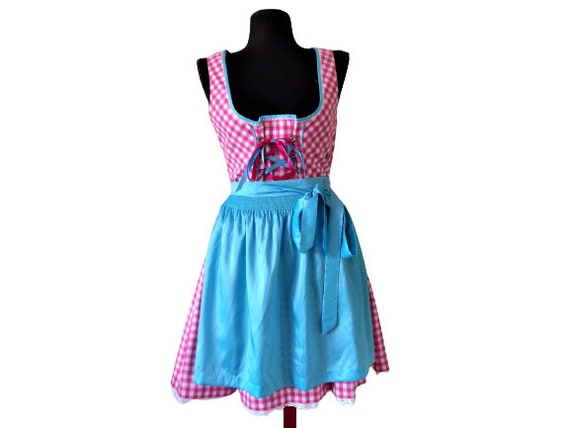 Dirndl Dress with Apron, Pink Gingham Dress, Bava… - image 1