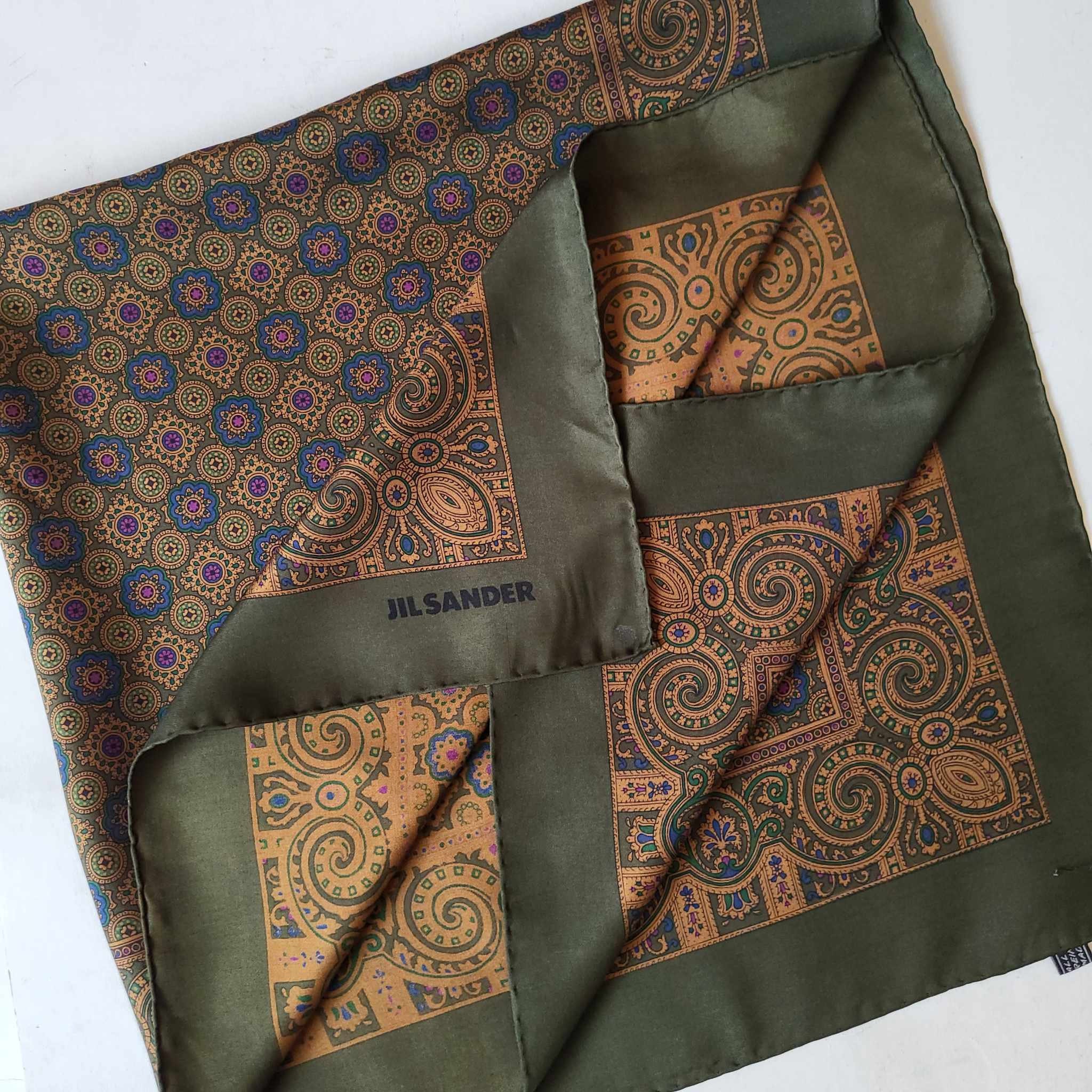 Jil SANDER Square Women Scarf Dark Green Milk Brown Silk