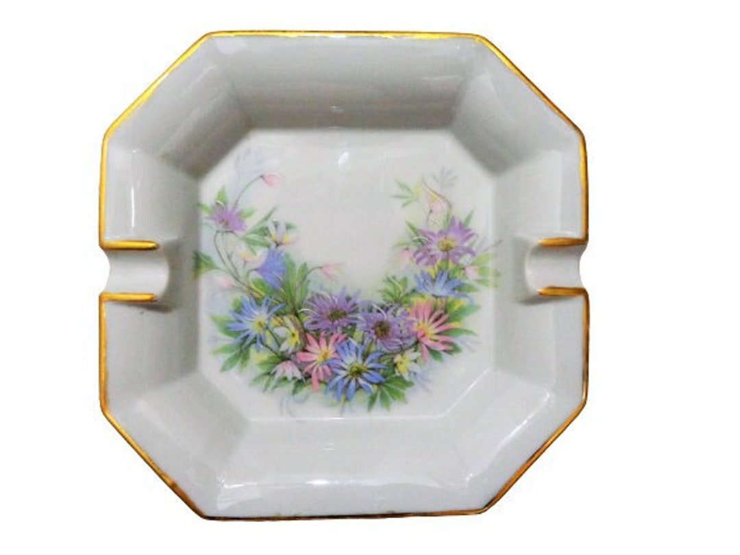 Vintage Limoges Porcelain Ashtray, Ceramic Jewelry Tray, Floral Ring